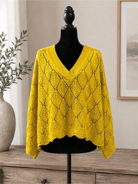 Daytrip Cropped Golden Mustard V-Neck Openwork Knit Slouchy Cropped Sweater